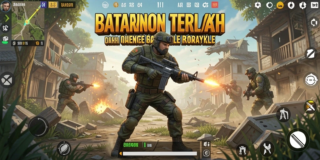 Tangkapan layar utama dari gameplay Battle Royale 34R yang intens.