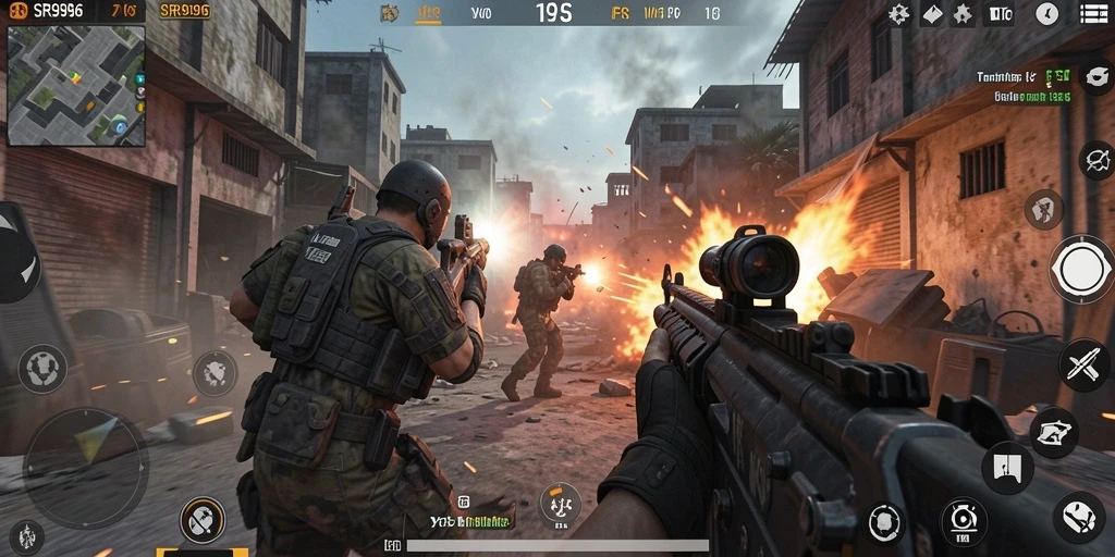 Screenshot dari gameplay SR996 menampilkan aksi menegangkan dalam pertempuran FPS.